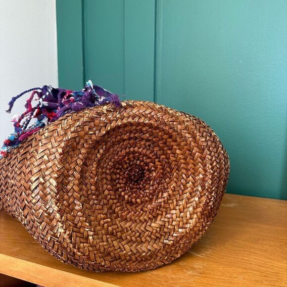 African Beaded Straw Bag Scarf Fringe Closure - Picture 5 of 16